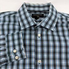 Banana Republic Mens Tailored Fit Non Iron Plaid Shirt Blue Black L 16-16.5