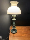 Vintage Brass Metal Parlor Lamp with Milk Glass Shade, Mid Century Green