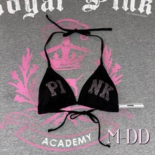 Victoria  s Secret PINK String Bikini Set Black Light Pink Rhinestone Bling MD
