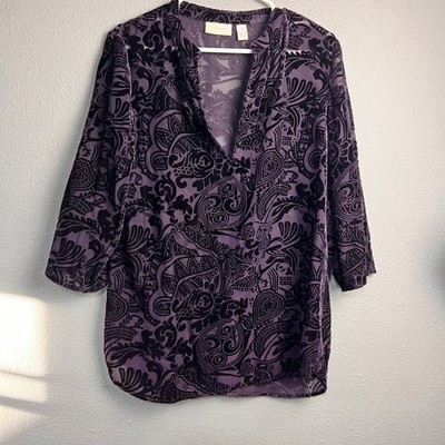 Chicos Purple Burnout Velvet Paisley Whimsigoth Tunic Split V-Neck 3/4 SL Size 1