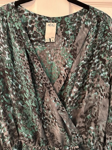 ALI RO Size 8 Medium Green Blue Gray Abstract Silk Wrap Dress  - Picture 4 of 13