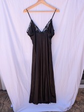 Val Mode Black Nylon Full Slip, Lace Trim, Adjustable Straps, Women's Size M