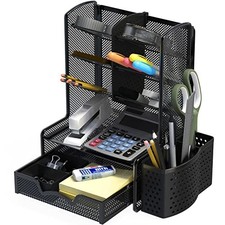 SHW 6-Compartment Desktop Organizer with Drawer, Black