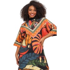 RARE FARM Rio Tropical Toucan Sweatshirt Mini Dress Vibrant Oversized Print S