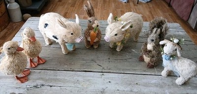Woodland Creatures  Sisal  Straw  Figures Lot Of 7  8'' Up To 12'' Rabbit, Pig,Etc