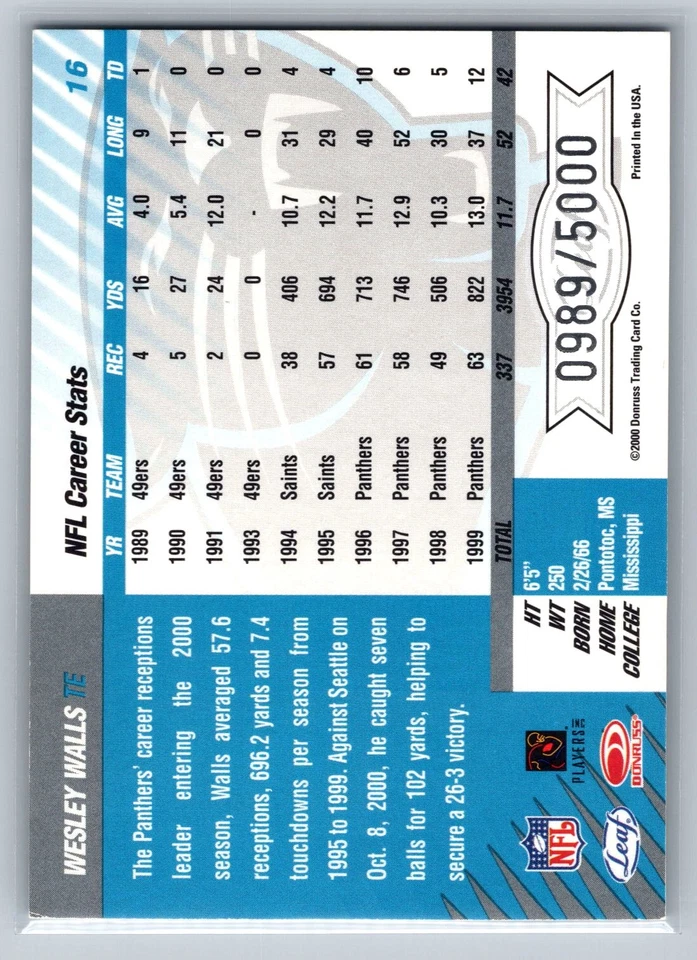 Wesley Walls 2000 Leaf Limited /5000 #16 - Image 2 of 2