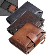 Vintage Men Wallet Genuine Leather RFID Blocking Zip Bifold with Coin Pocket