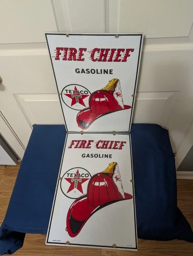 2 TEXACO vintage FIRE CHIEF gas pump porcelain plates 3/8/63 & 3/4/58 nice cond.