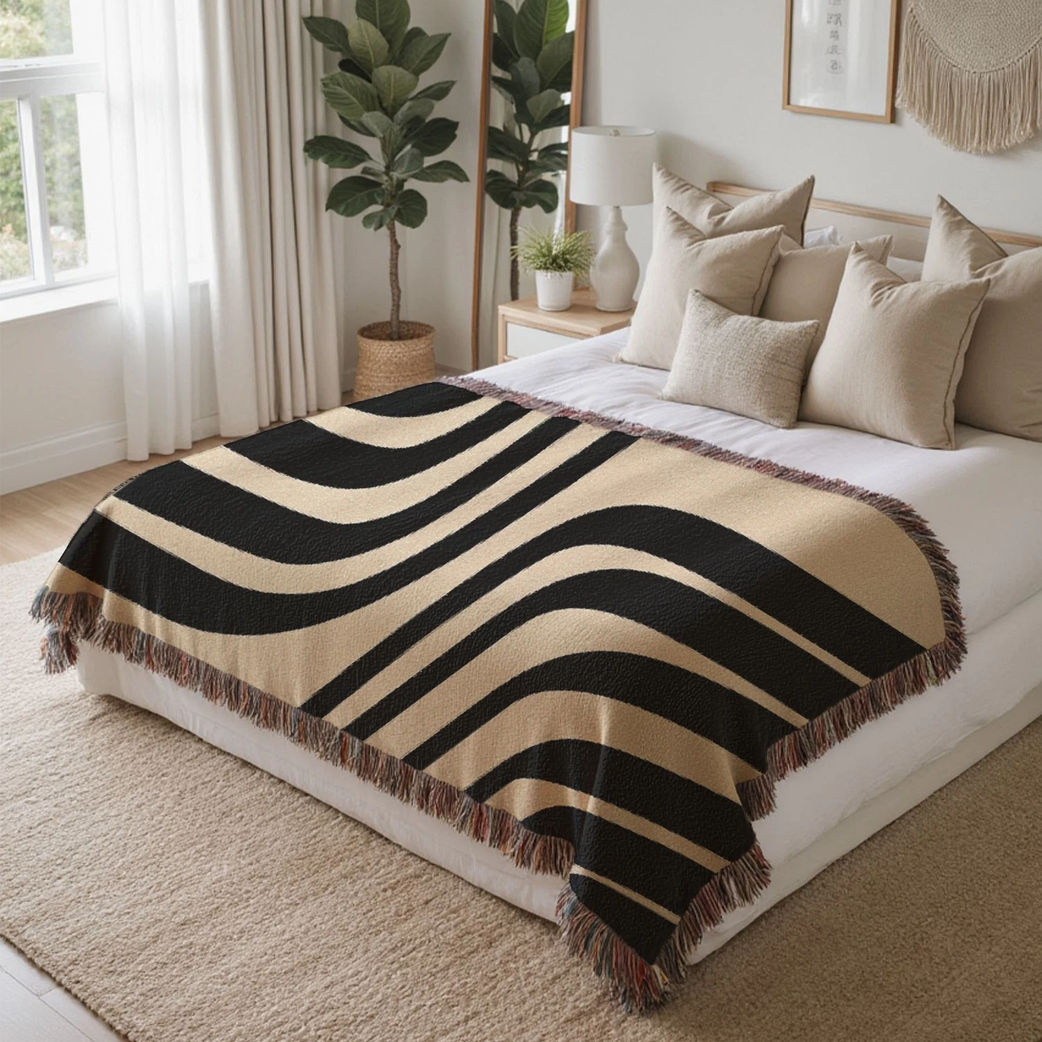 Black Line Abstract Woven Blanket, Contemporary Home Decor Gift for Mom or Wife