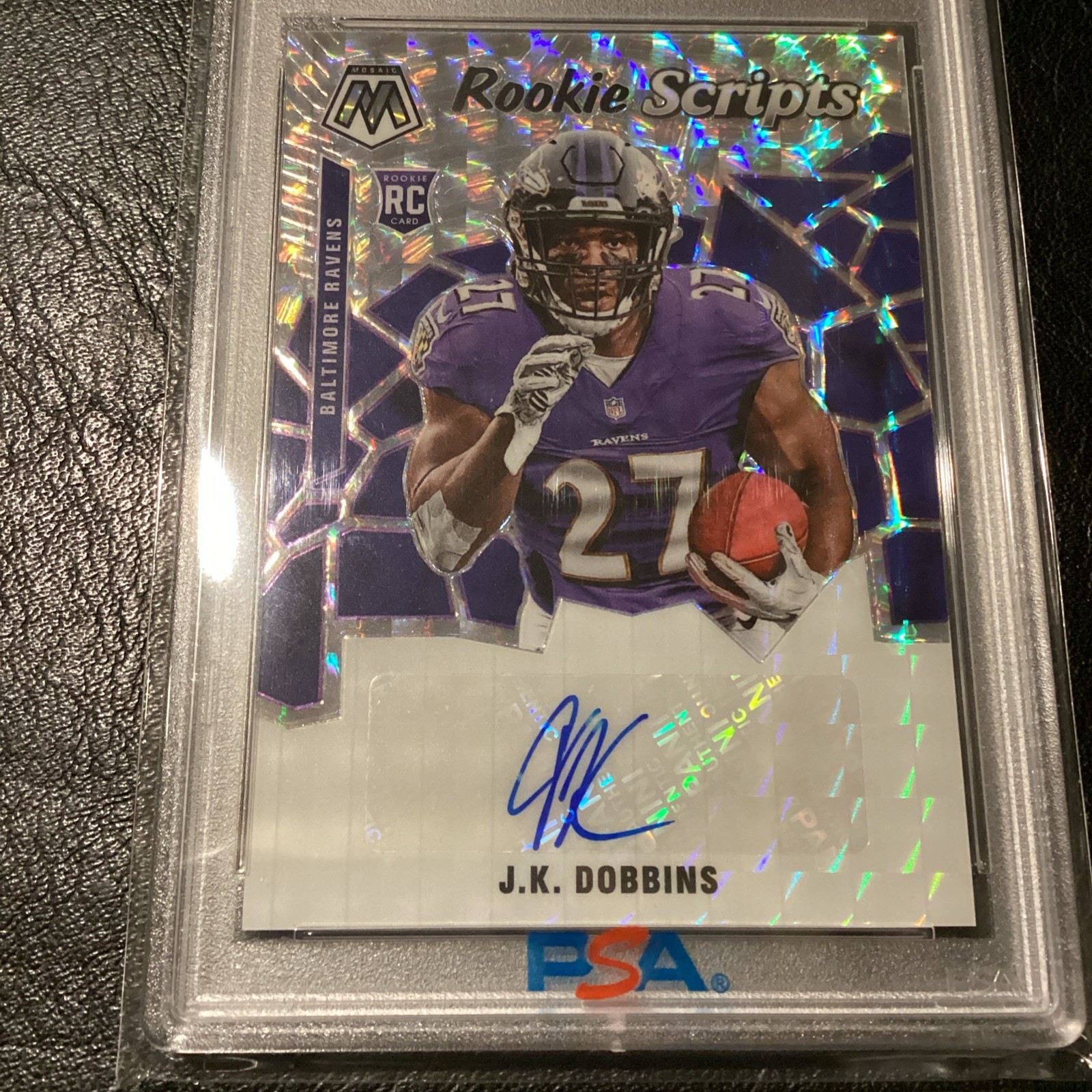 2020 Panini Mosaic J.K. Dobbins Rookie Scripts PSA 9 Mosaic Auto #RS23 Ravens MT view 2