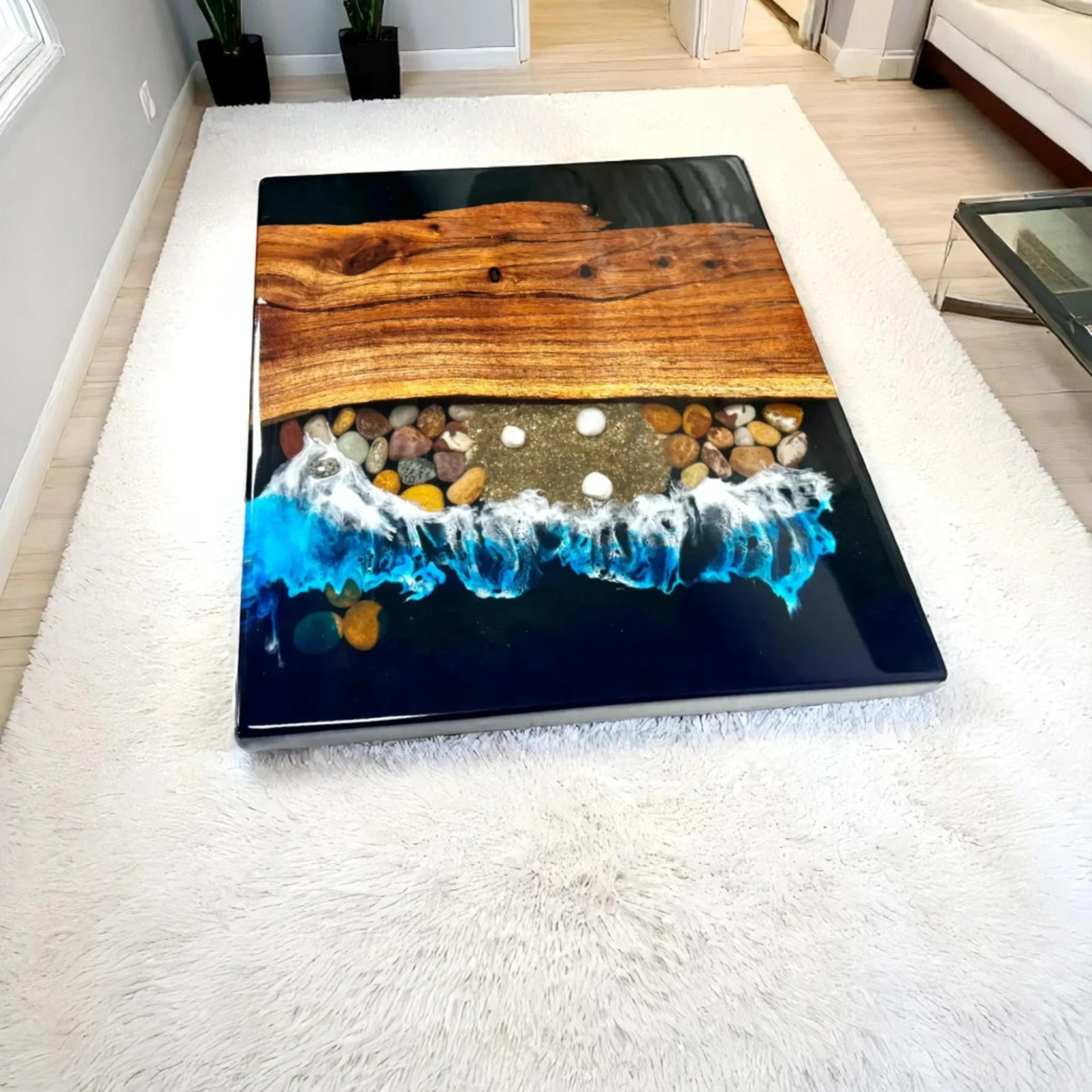 Image of Ocean Beach Epoxy Table Top Acacia wood Resin River Handmade Home Decor Slab