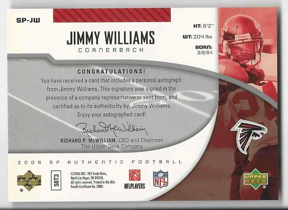 2006 SP Authentic Autographs JImmy Williams Auto #SP-JW - Image 2 of 2