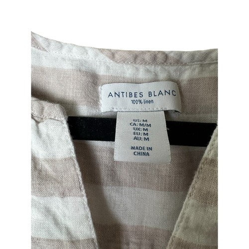 Antibes Blanc Linen Striped Cream Tan Shirt Roll Sleeve Women’s Size Medium - Picture 3 of 9