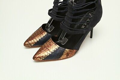 L.A.M.B. May Pumps Snake Embossed Gold Print Blue Suede 8 |