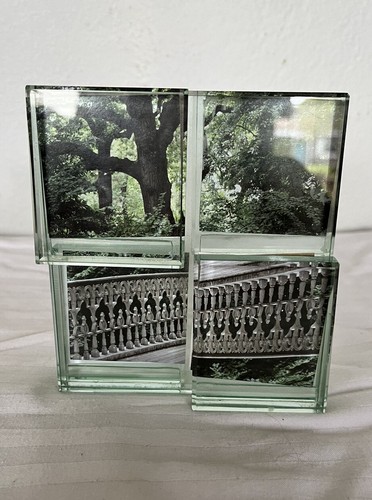 Treasured Memories STACKED GREEN GLASS Cube Photo Holder Frame Modern Sculpture - Picture 3 of 8