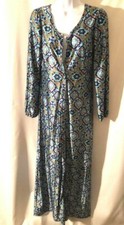 Cool VTG 70s silky poly blue Moroccan print caftan nightgown maxi dress SM / M