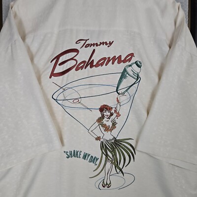 TOMMY BAHAMA Mens Sz 2XL Mens Sided Martini Hula Girl Hawaiian Shirt Ivory Camp