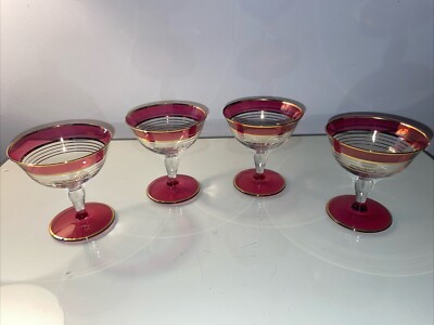 Vintage Bohemia Czechoslovakian Red And Gold Bar Glasses Set Of 4
