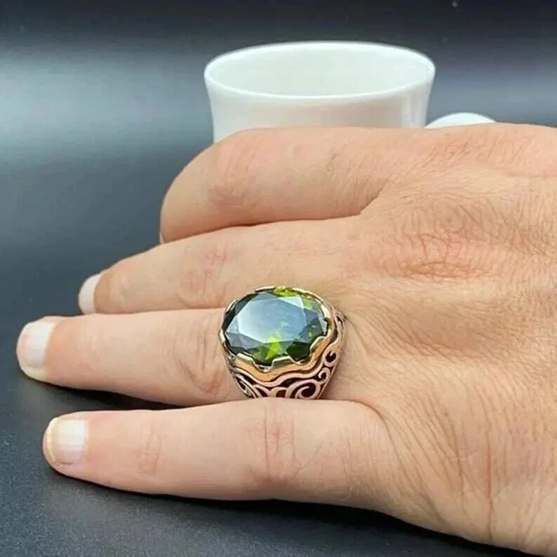 Anel masculino prata esterlina 925 feito à mão joia pedra peridoto verde tamanho 7-14 - Imagem 2 de 4