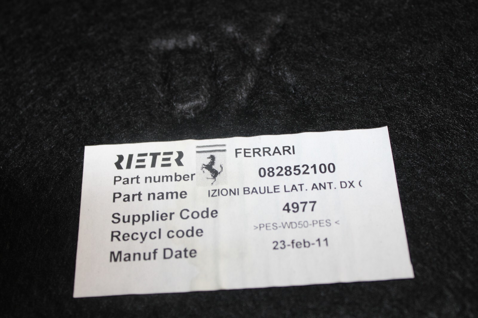 Ferrari California, RH, Right, Forward Trunk Carpet, Used, P/N 82852100