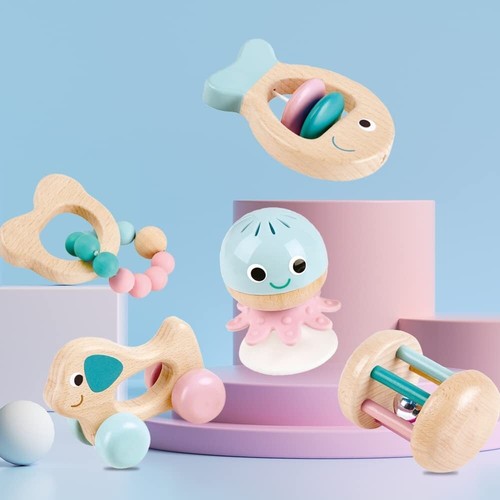 Hape Multi-Stage Sensory Gift Set Wood Rattles Teethers Development Baby Toy 0+ - Picture 5 of 6