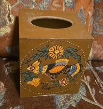 Vtg Hand Painted Wood Tissue Box Signed Swedi...