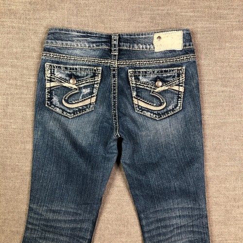 Silver Jeans Womens 28 Blue Suki Faux Flap Pockets Embroidered Flare Distressed - Bild 10 von 14