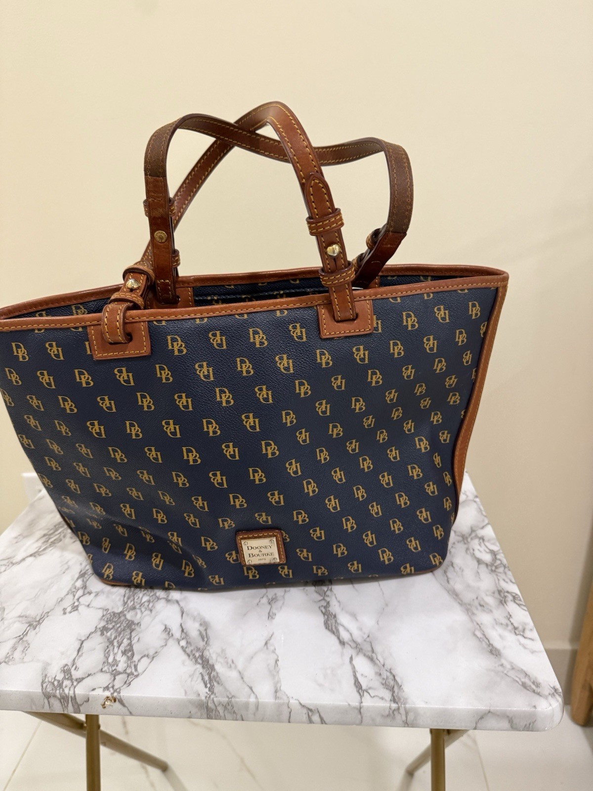 Dooney & Bourke Logo Tote Bag Blue/Brown, Double Handles, Gold, Studs