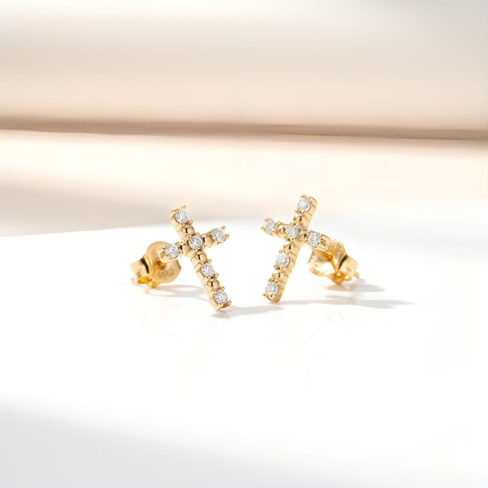 Boucles d'oreilles croix puces plaqué or jaune 750 homme femme avec pierres zircons