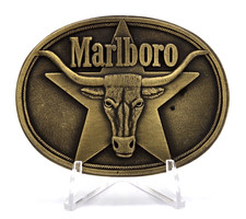 Vintage Marlboro Solid Brass Belt Buckle Cowboy Texas Star Longhorn Steer 1987