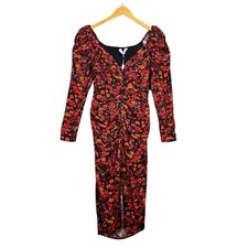 ASTR The Label Jamila Dress Womens L Red Orange Moody Floral Ruched Puff Sleeve