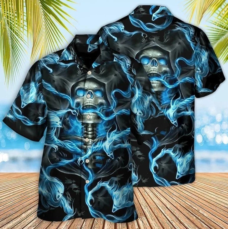 Skull Aloha Hawaiian Shirt For Summer - Skull Black Ground, Blue Fire Hawaiian