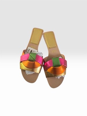 Zara Women s Slide Sandals Metallic Colorblock Straps Synthetic Slip On EU 38