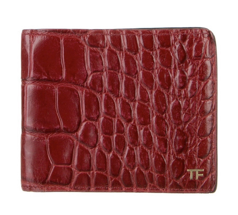 Tom Ford Men’s Red Crocodile Pattern Bifold Wallet w/ Logo, Card Slots