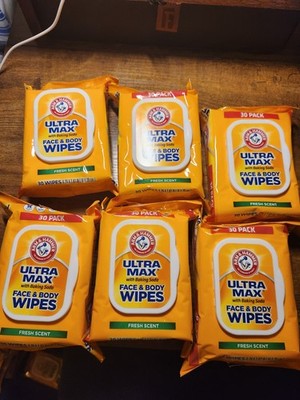 Arm & Hammer Ultra Max Face & Body Wipes Fresh Scented 30 Wipes. 6 Packs.