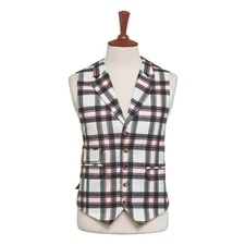 Mens Vest 44R Plaid Wool Ivory Blue Red Waistcoat Casual Formal Wedding Party