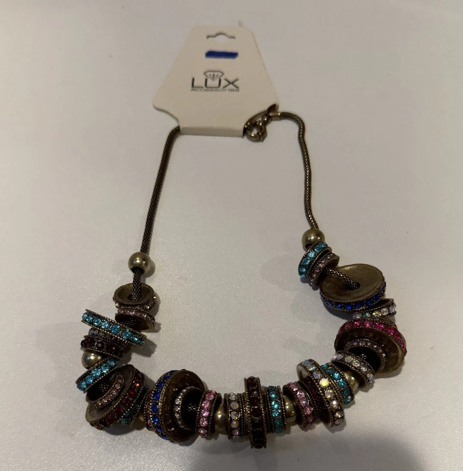NEW LUX ACCESSORIES STATEMENT NECKLACE MULTI COLORED STONE RINGS~WOW! - Image 2 of 4