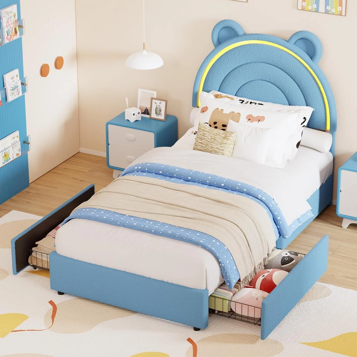Dmora Cama Individual Para Niños Decorada, Cuna Decorada Con Cómoda Y Protección Anticaídas Para