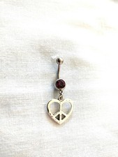 PEACE SIGN HEART SILVER ALLOY CHARM on 14g DARK PURPLE CZ BELLY RING