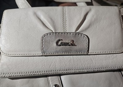 Coach Legacy Beige Leather Flap Wallet Silver Logo Snap Close/ card slots inside