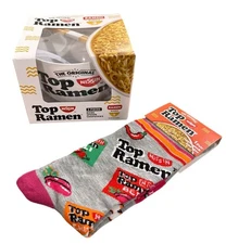Nissin TOP RAMEN Gift Set: 1 Pair Socks & 3pc Ramen Bowl Bundle Spoon+Chopsticks