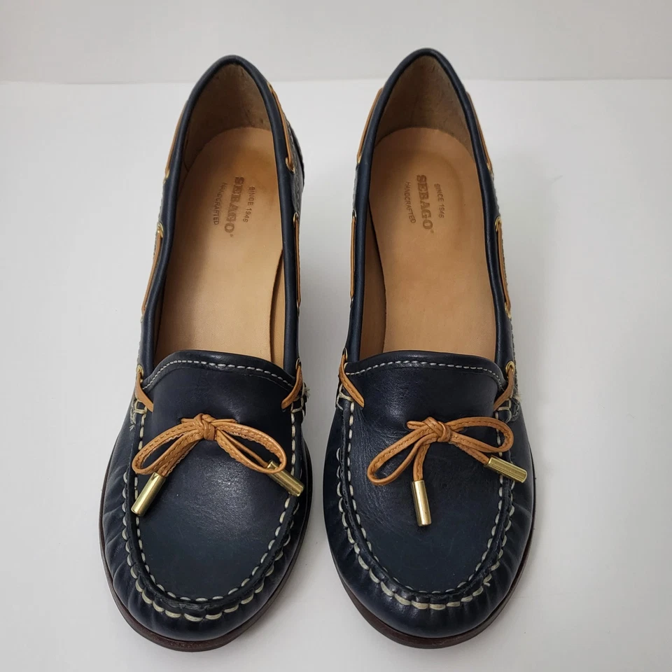 Zapatos de salón SEBAGO Lisbon con corbata para mujer 8 tacones de cuero azul marino tostado zapatos de barco preppy Foto 2 de 4