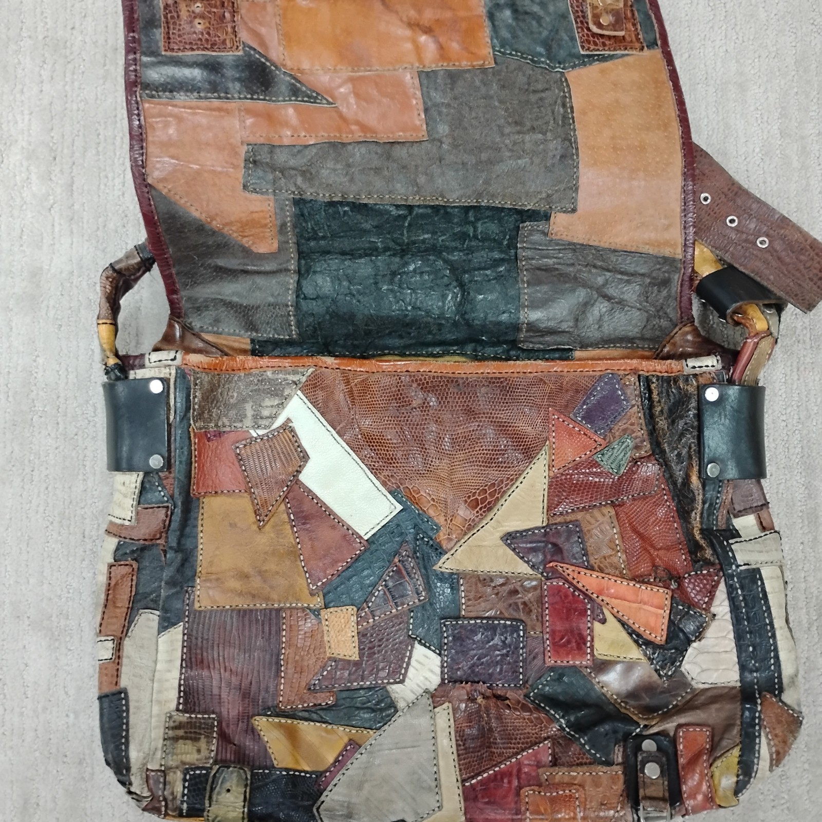 Used Handmade Real Leather Patchwork Messenger Bag - image 2