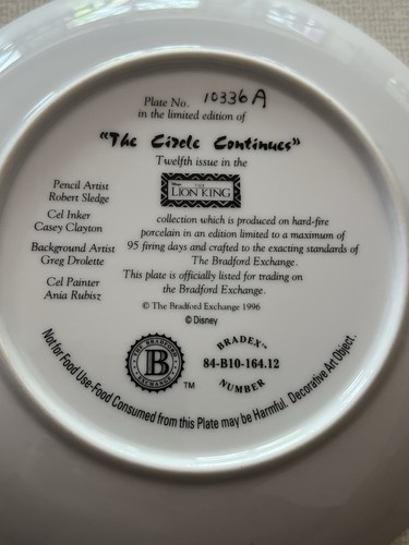 BRADFORD EXCHANGE LION KING PLATE "THE CIRCLE CONTINUES" 12TH ISSUE #10336A - Picture 3 of 3
