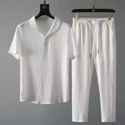 Summer Men's 2pc Cotton Linen Walking Suit Short Sleeve Casual Shirt & Pants