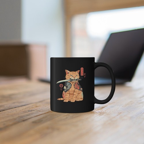 Samurai Kitty Ronin Retro Bushido Warrior Japan Sword Katana 11oz Black Gift Mug - Picture 7 of 7