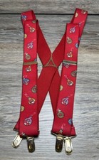 Vintage CAS W Germany Santa Claus   Ornaments On Red Christmas Suspenders 45  
