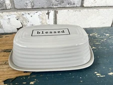 Pottery People Butter Dish Covered Ceramic Gray Blessed
