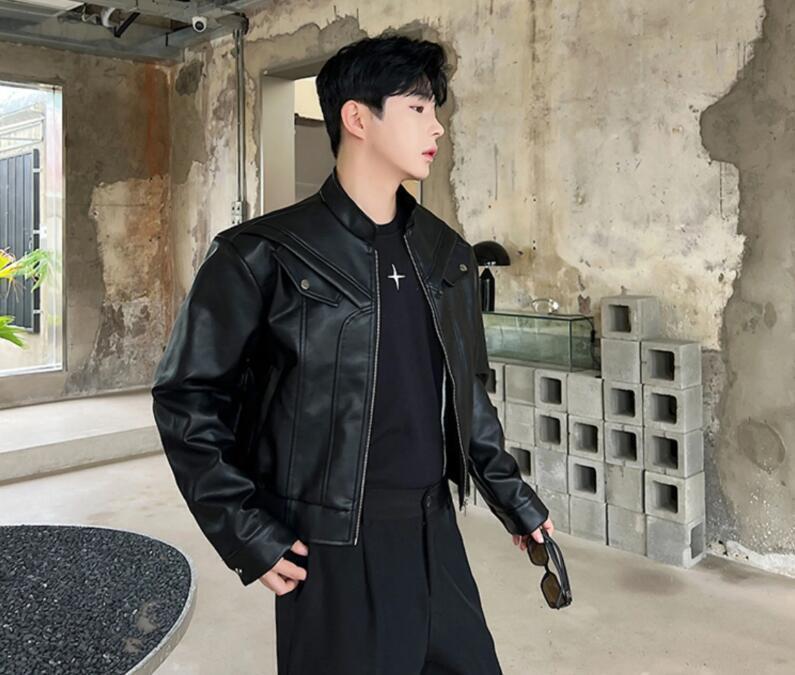 Men's Stand Collar Long Sleeve Faux Leather Jacket Biker Coat