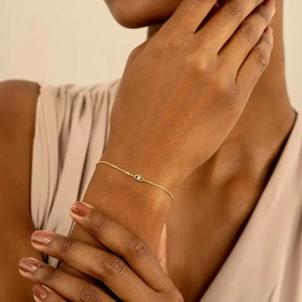 Evil Eye Chain Bracelet 0.10CT Round Natural Diamond For Women Gift 14k Gold - Image 4 of 4